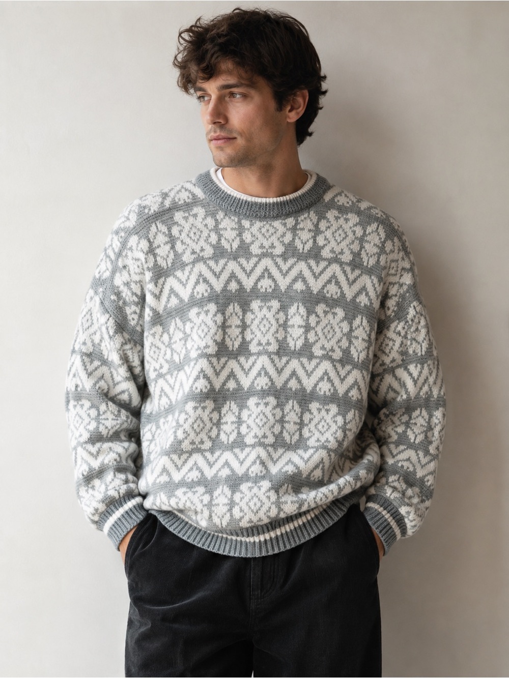 Vintage Gray & White Chevron and Snowflake Design Thick Sweater By Gazette Sz L